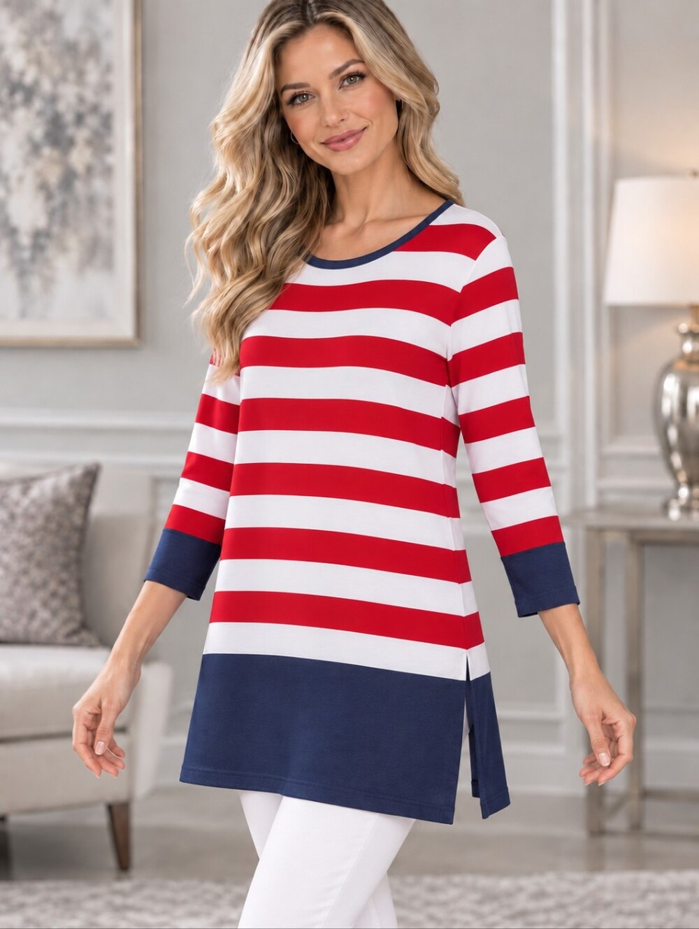 Punt Roma Striped Red & White Tunic with Navy Trim